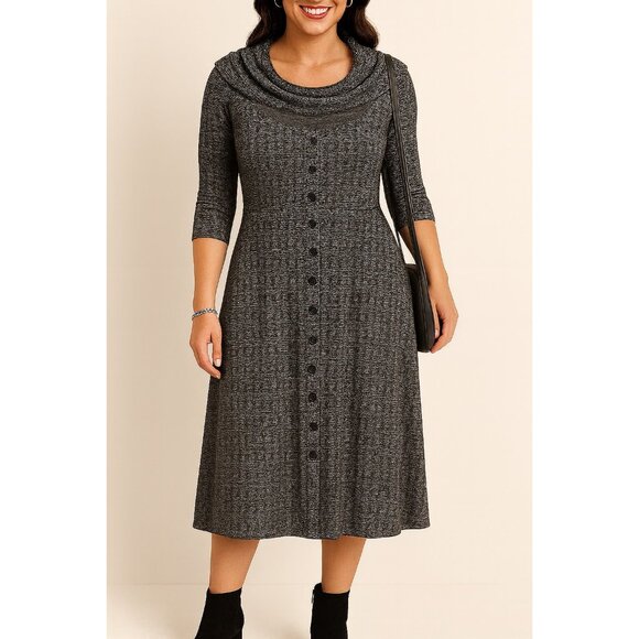 Robbie Bee Size XL Business Casual Lined Gray Textured Cowl Neck Buttoned Dress - Picture 4 of 14